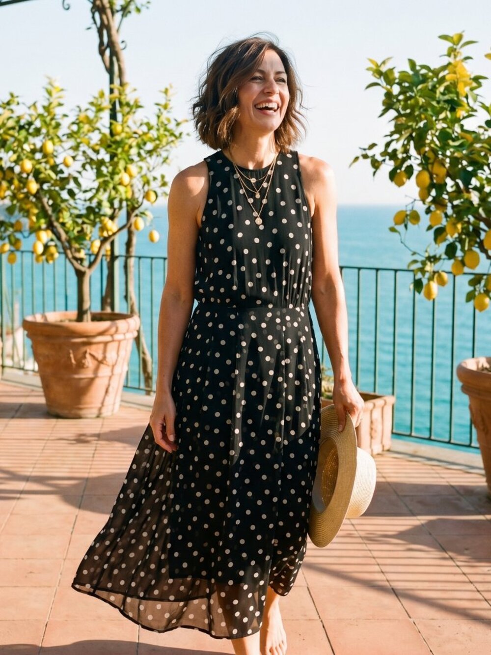 Ann Taylor Vintage Black & White Polka Dot Chiffon Midi Dress - Size 6